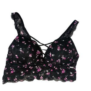PINK Victoria’s Secret Black Floral Lace Bralette Criss Cross Back Size M